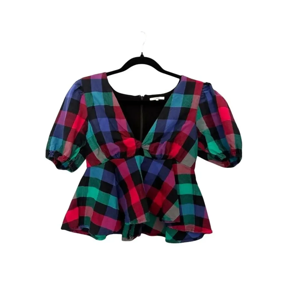 Tularosa Plaid Puff Shoulder Statement Blouse